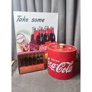 VTG Coca Cola Mini Bottles Decade Ice Bucket Metal Sign Lot Collectible